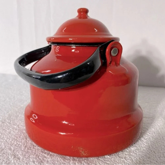 Vintage Red Enamel Kettle Teapot With Handle - Picture 7 of 14